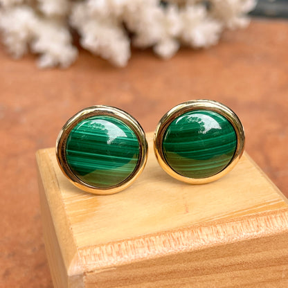 Estate 14KT Yellow Gold Round Cabochon Malachite Omega Earrings