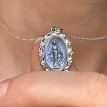 Load image into Gallery viewer, Sterling Silver Blue Oval Miraculous Medal Pendant Necklace