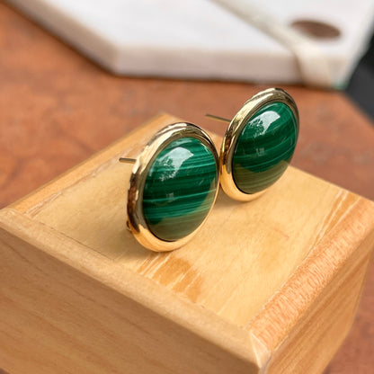 Estate 14KT Yellow Gold Round Cabochon Malachite Omega Earrings