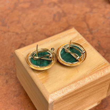 Estate 14KT Yellow Gold Round Cabochon Malachite Omega Earrings