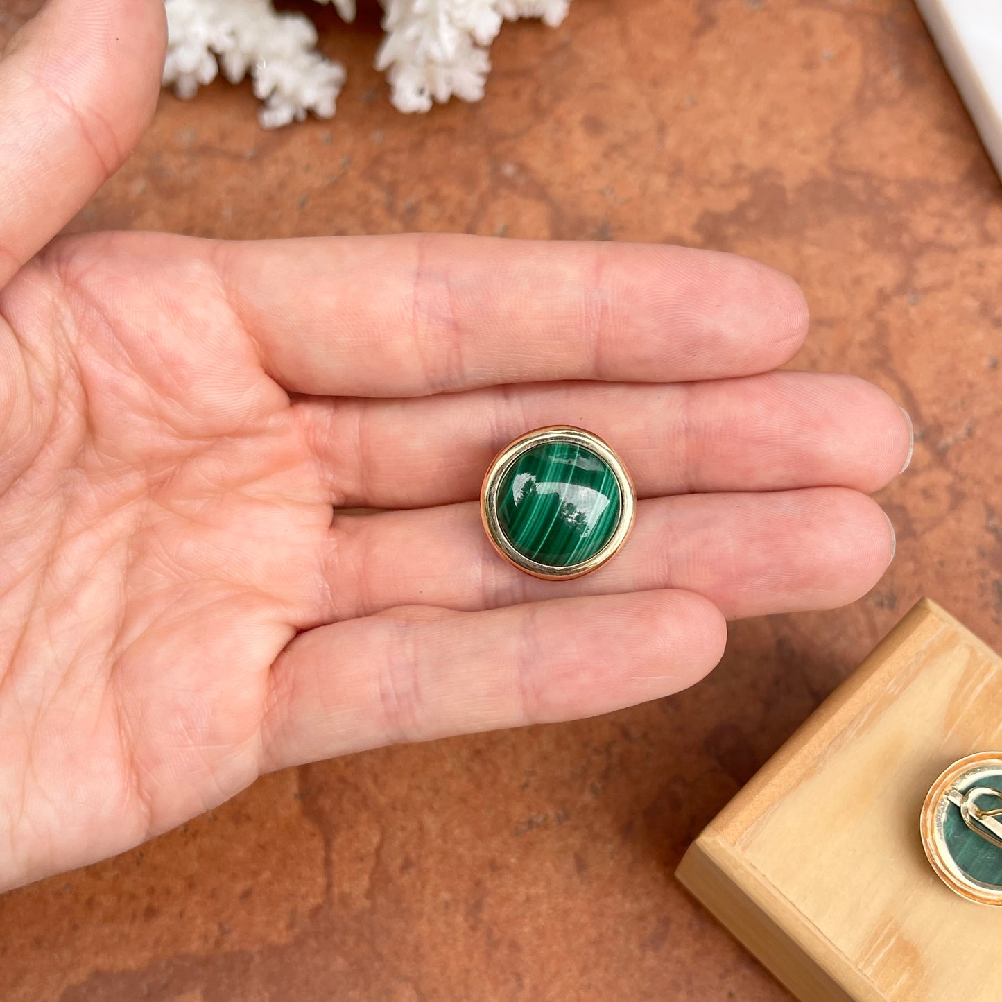 Estate 14KT Yellow Gold Round Cabochon Malachite Omega Earrings