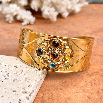 Estate 14KT Yellow Gold Etruscan Multi Gemstone Cuff Bracelet