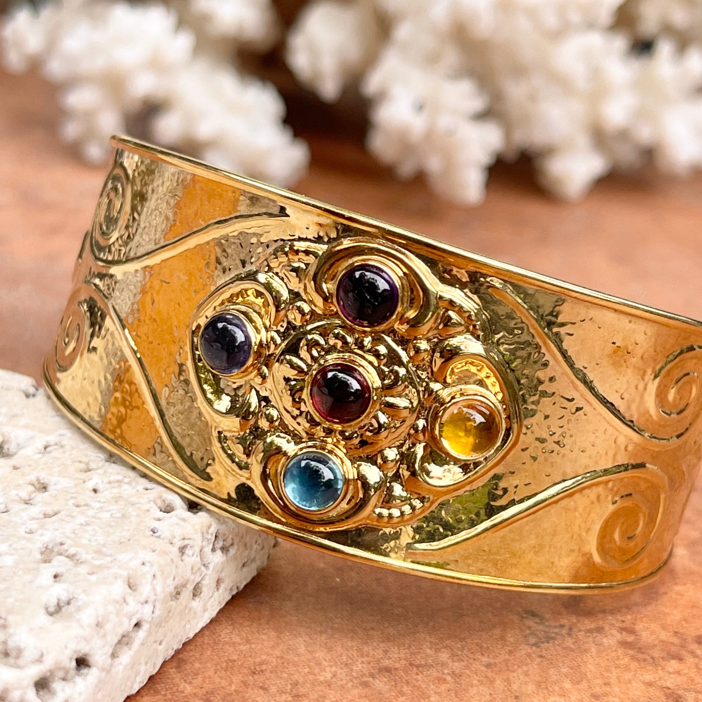 Estate 14KT Yellow Gold Etruscan Multi Gemstone Cuff Bracelet