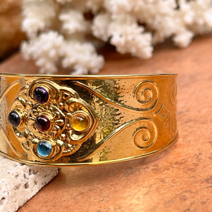 Estate 14KT Yellow Gold Etruscan Multi Gemstone Cuff Bracelet