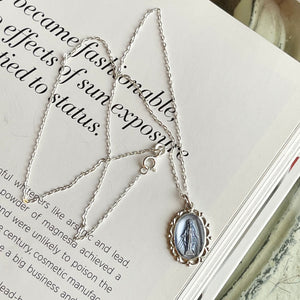 Sterling Silver Blue Oval Miraculous Medal Pendant Necklace