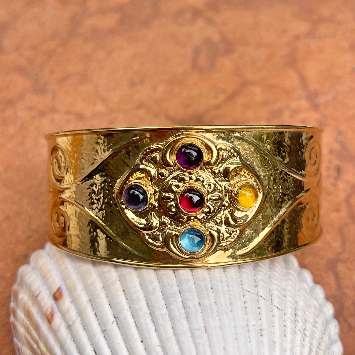 Estate 14KT Yellow Gold Etruscan Multi Gemstone Cuff Bracelet