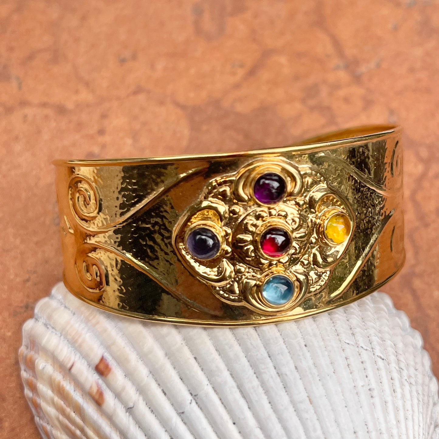 Estate 14KT Yellow Gold Etruscan Multi Gemstone Cuff Bracelet