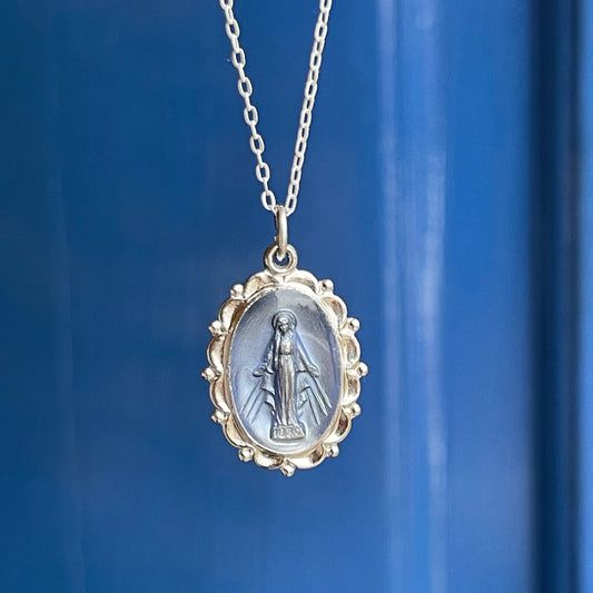 Sterling Silver Blue Oval Miraculous Medal Pendant Necklace
