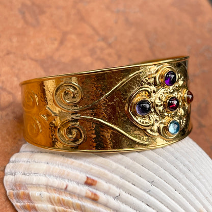 Estate 14KT Yellow Gold Etruscan Multi Gemstone Cuff Bracelet