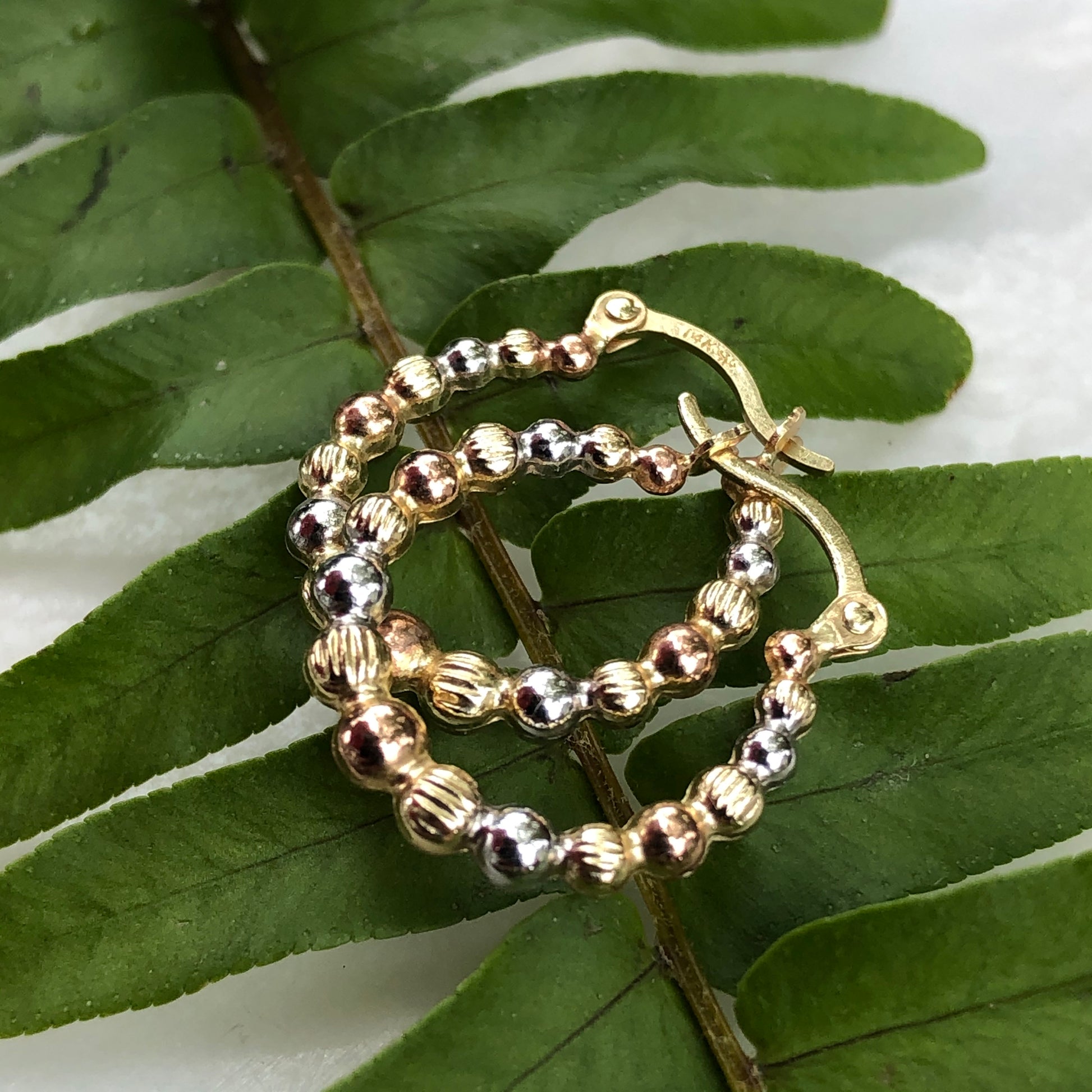 14KT Yellow Gold, Rose + White Rhodium Beaded Hoop Earrings, 14KT Yellow Gold, Rose + White Rhodium Beaded Hoop Earrings - Legacy Saint Jewelry