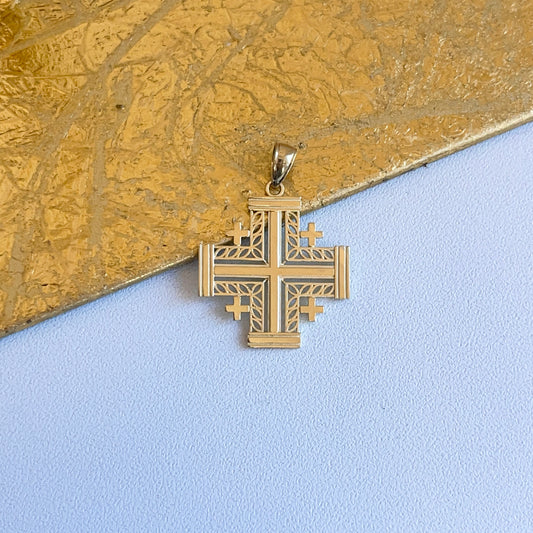 14KT Yellow Gold Jerusalem Cross Cut-Out Style Pendant 22mm