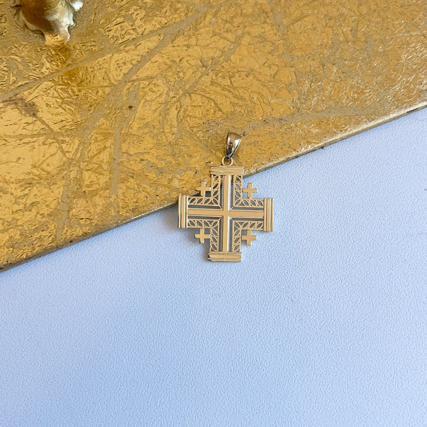 14KT Yellow Gold Jerusalem Cross Cut-Out Style Pendant 22mm