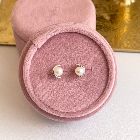 Sterling Silver Freshwater Pearl Crescent Moon Stud Earrings