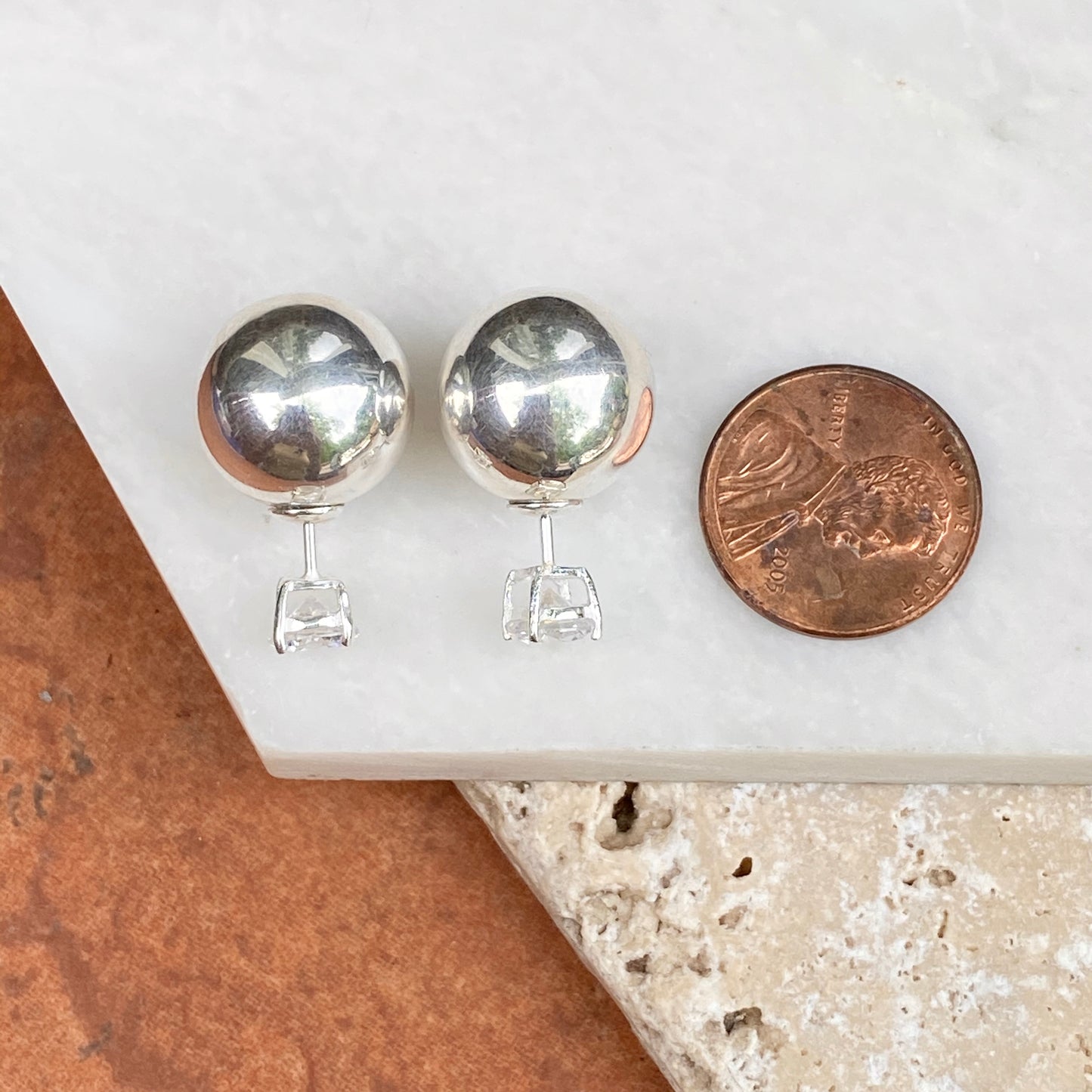 Sterling Silver Double-Ended Polished Ball + CZ Stud Post Earrings, Sterling Silver Double-Ended Polished Ball + CZ Stud Post Earrings - Legacy Saint Jewelry
