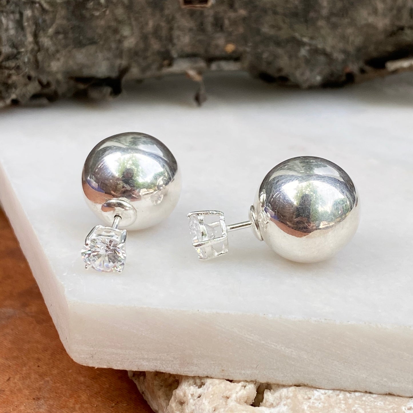 Sterling Silver Double-Ended Polished Ball + CZ Stud Post Earrings, Sterling Silver Double-Ended Polished Ball + CZ Stud Post Earrings - Legacy Saint Jewelry