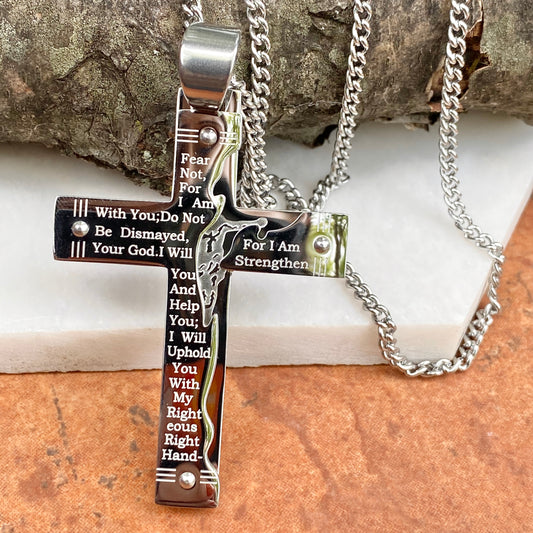 Stainless Steel Polished Etched Isaiah 41:10 Prayer Large Cross Chain Necklace, Stainless Steel Polished Etched Isaiah 41:10 Prayer Large Cross Chain Necklace - Legacy Saint Jewelry