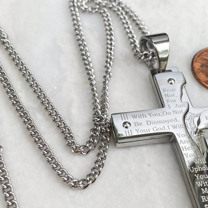 Stainless Steel Polished Etched Isaiah 41:10 Prayer Large Cross Chain Necklace, Stainless Steel Polished Etched Isaiah 41:10 Prayer Large Cross Chain Necklace - Legacy Saint Jewelry