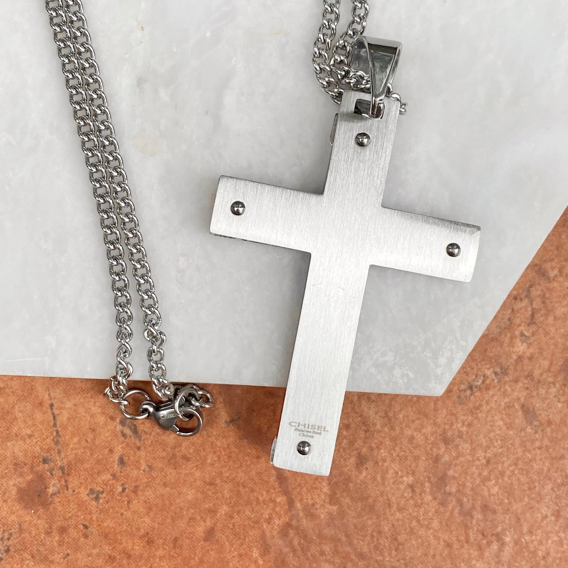 Stainless Steel Polished Etched Isaiah 41:10 Prayer Large Cross Chain Necklace, Stainless Steel Polished Etched Isaiah 41:10 Prayer Large Cross Chain Necklace - Legacy Saint Jewelry