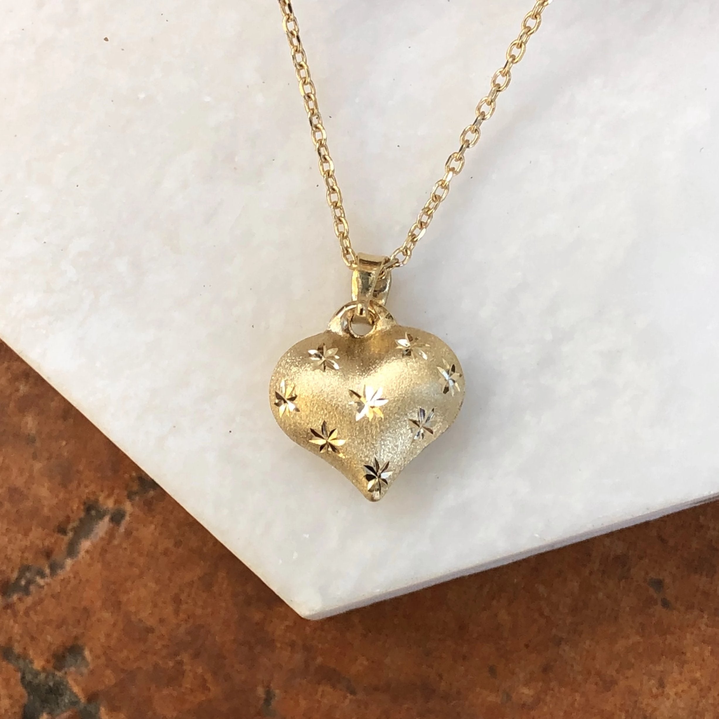 10KT Yellow Gold Satin Diamond-Cut Puffed Heart Pendant Charm – LSJ