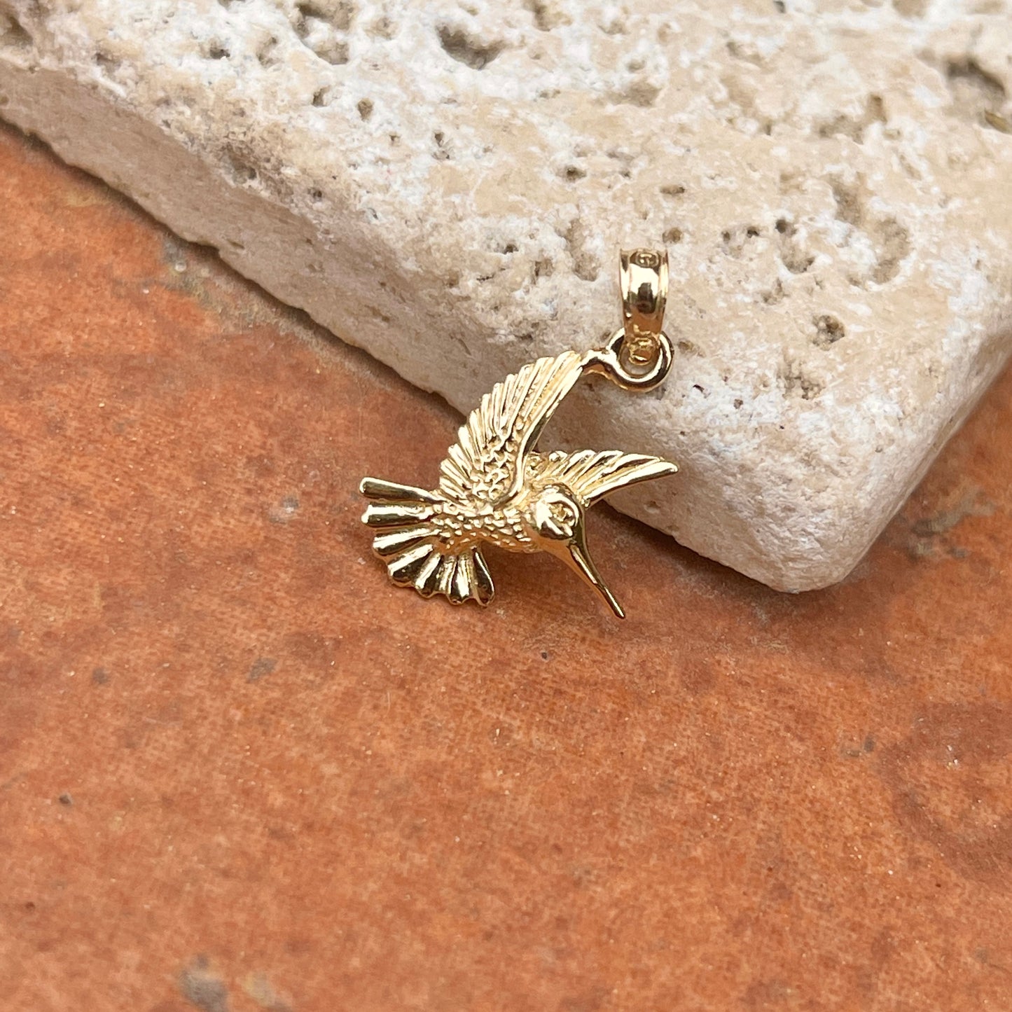 14KT Yellow Gold Flying Detailed Hummingbird Pendant