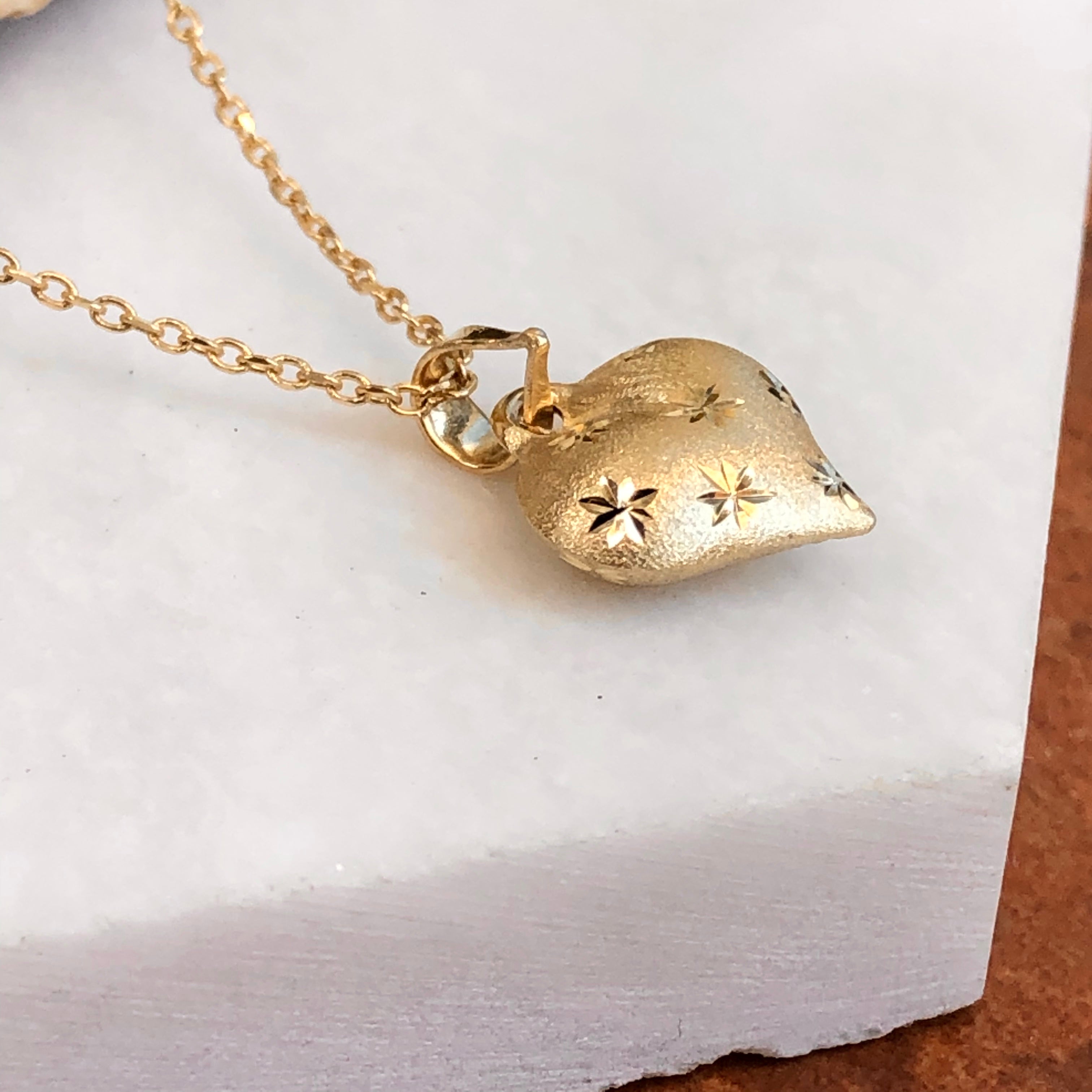 10KT Yellow Gold Satin Diamond-Cut Puffed Heart Pendant Charm – LSJ