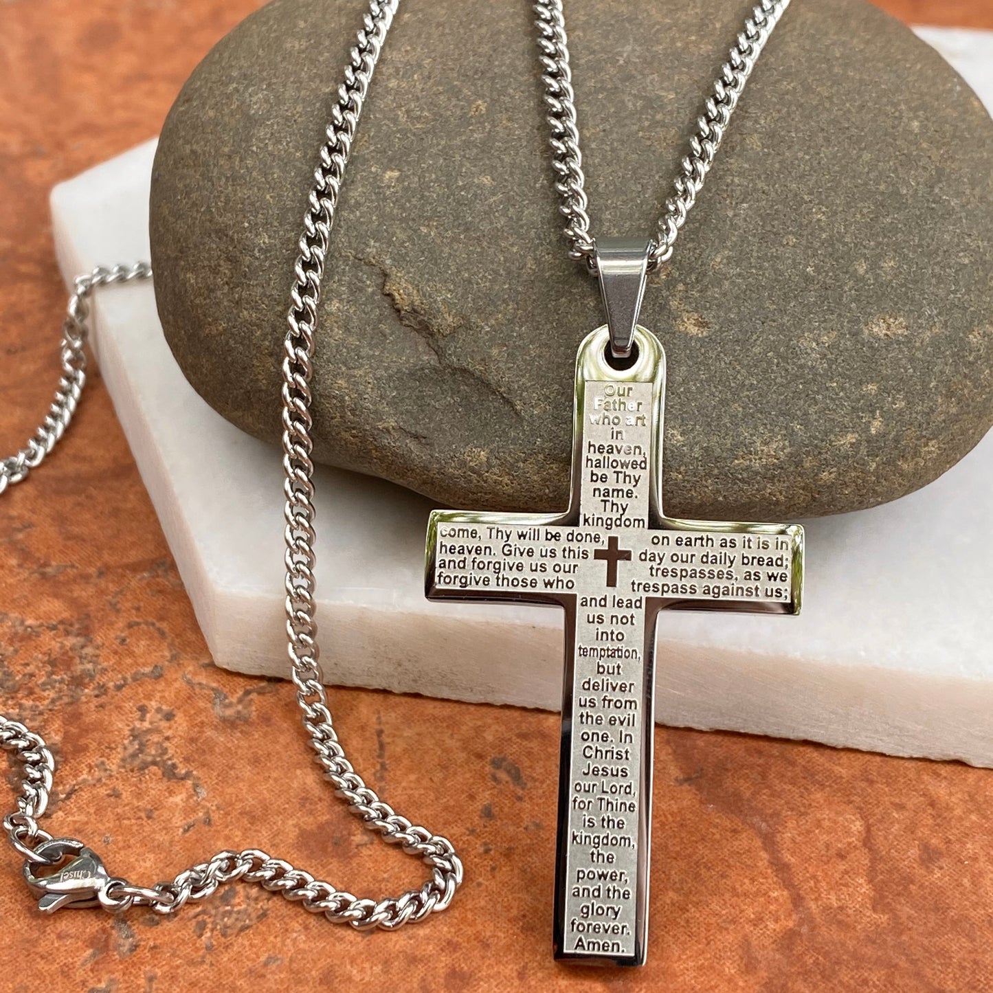 Stainless Steel Polished The Lord's Prayer Large Cross Chain