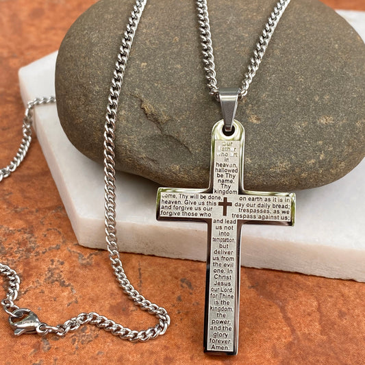 Stainless Steel Polished The Lord's Prayer Large Cross Chain Necklace, Stainless Steel Polished The Lord's Prayer Large Cross Chain Necklace - Legacy Saint Jewelry