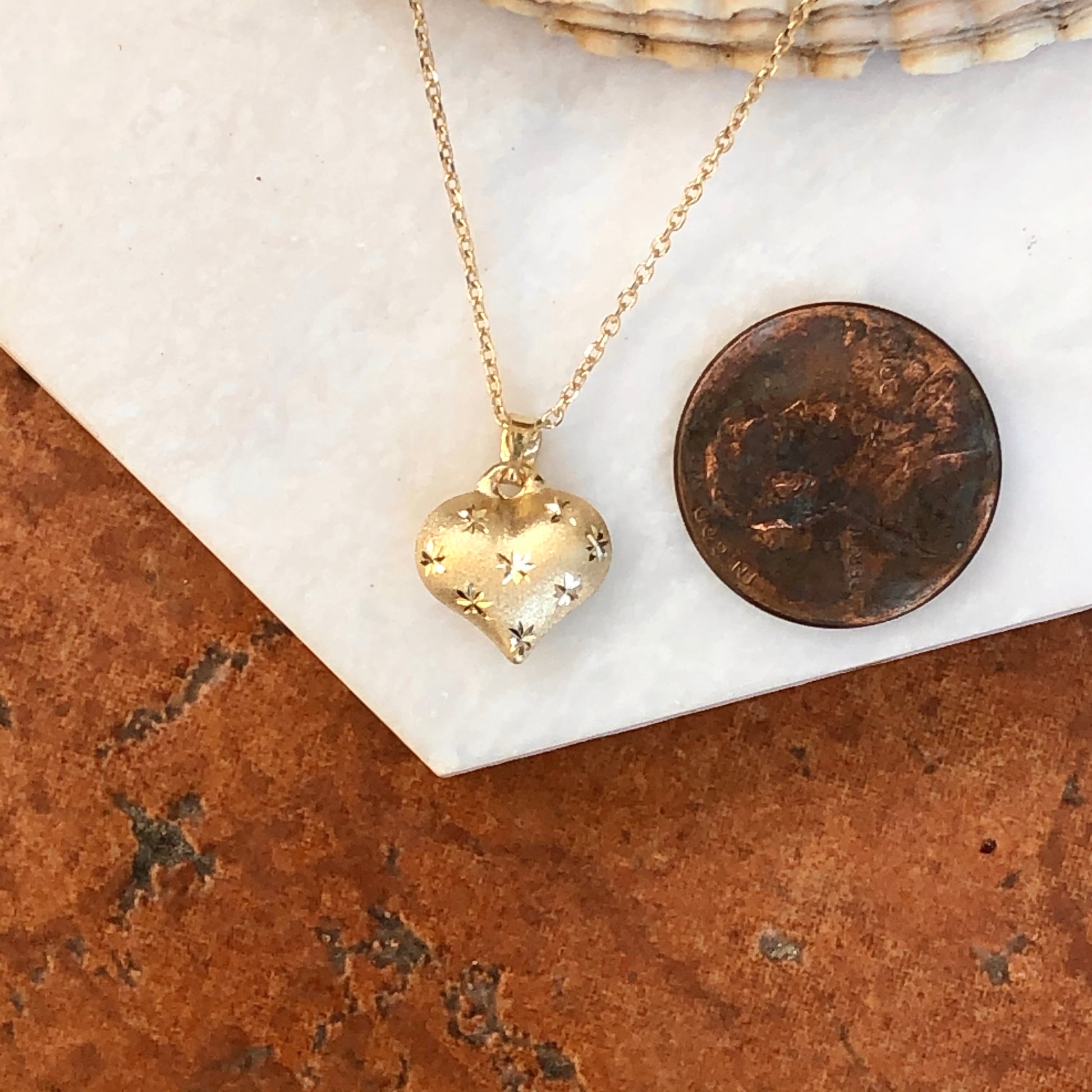 14KT Yellow Gold Satin Diamond-Cut Puffed Heart Pendant Charm, 14KT Yellow Gold Satin Diamond-Cut Puffed Heart Pendant Charm - Legacy Saint Jewelry