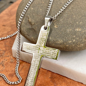 Stainless Steel Polished The Lord's Prayer Large Cross Chain Necklace, Stainless Steel Polished The Lord's Prayer Large Cross Chain Necklace - Legacy Saint Jewelry