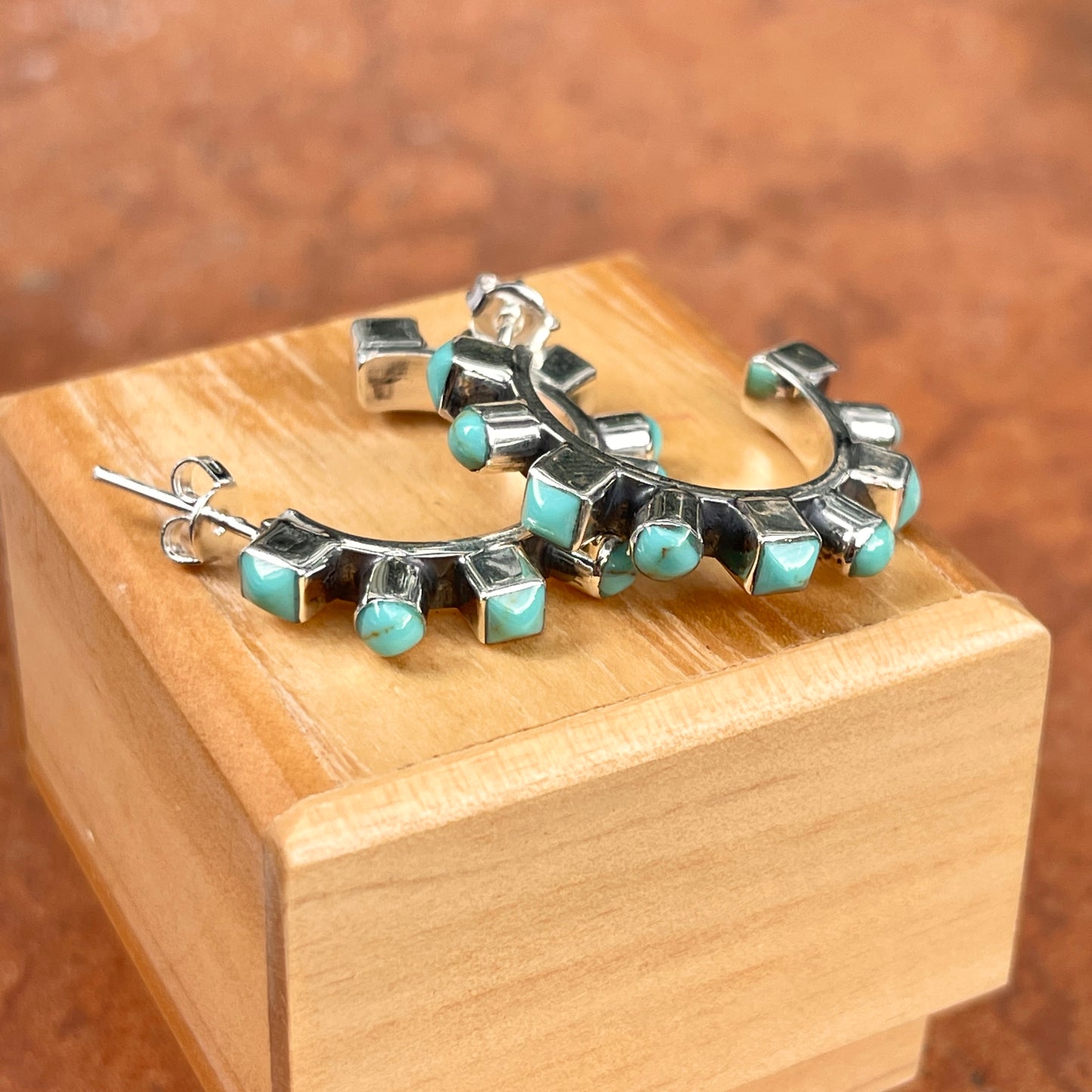 Sterling Silver Bezel-Set Arizona Turquoise Beaded Hoop Earrings