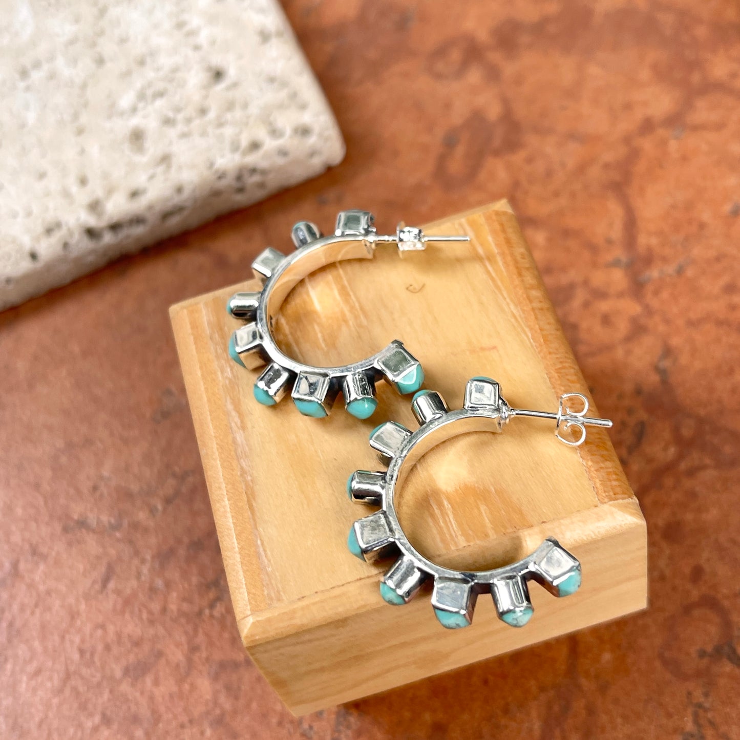 Sterling Silver Bezel-Set Arizona Turquoise Beaded Hoop Earrings