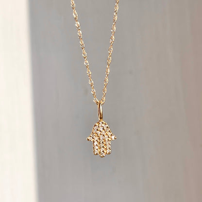 14KT Yellow Gold Pave Diamond Hamsa Mini Pendant Necklace