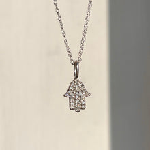 Load image into Gallery viewer, 14KT White Gold Pave Diamond Hamsa Mini Pendant Necklace