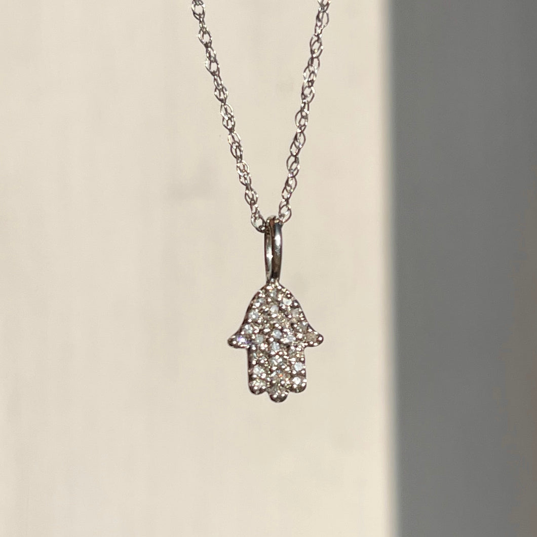 14KT White Gold Pave Diamond Hamsa Mini Pendant Necklace