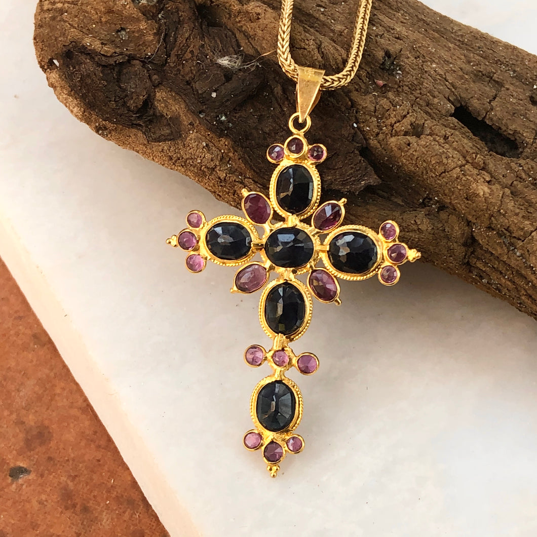 Estate 18KT Yellow Gold Blue Sapphire + Ruby Ornate Cross Pendant, Estate 18KT Yellow Gold Blue Sapphire + Ruby Ornate Cross Pendant - Legacy Saint Jewelry