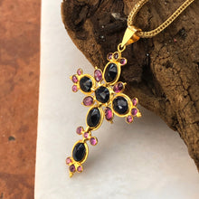 Load image into Gallery viewer, Estate 18KT Yellow Gold Blue Sapphire + Ruby Ornate Cross Pendant, Estate 18KT Yellow Gold Blue Sapphire + Ruby Ornate Cross Pendant - Legacy Saint Jewelry