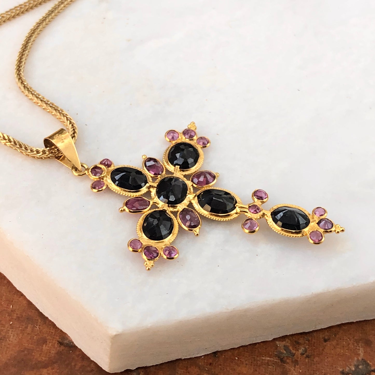Estate 18KT Yellow Gold Blue Sapphire + Ruby Ornate Cross Pendant, Estate 18KT Yellow Gold Blue Sapphire + Ruby Ornate Cross Pendant - Legacy Saint Jewelry