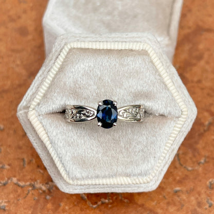 14KT White Gold Oval .90 CT Blue Sapphire Textured Band Ring