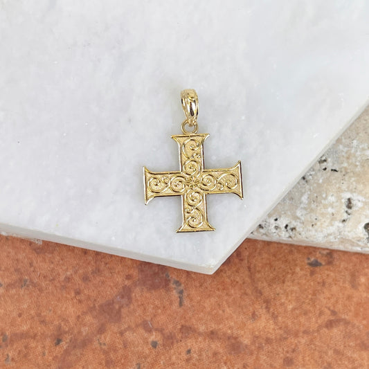 14KT Yellow Gold Swirl Design Greek Style Cross Pendant