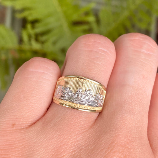 10KT Yellow Gold + White Rhodium The Last Supper Cigar Band Ring, 10KT Yellow Gold + White Rhodium The Last Supper Cigar Band Ring - Legacy Saint Jewelry