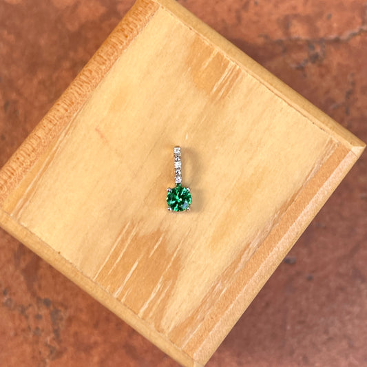 14KT White Gold Round Imitation Emerald + Diamond Pendant Slide