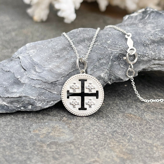 Sterling Silver Jerusalem Cross Diamond Medal Pendant Necklace