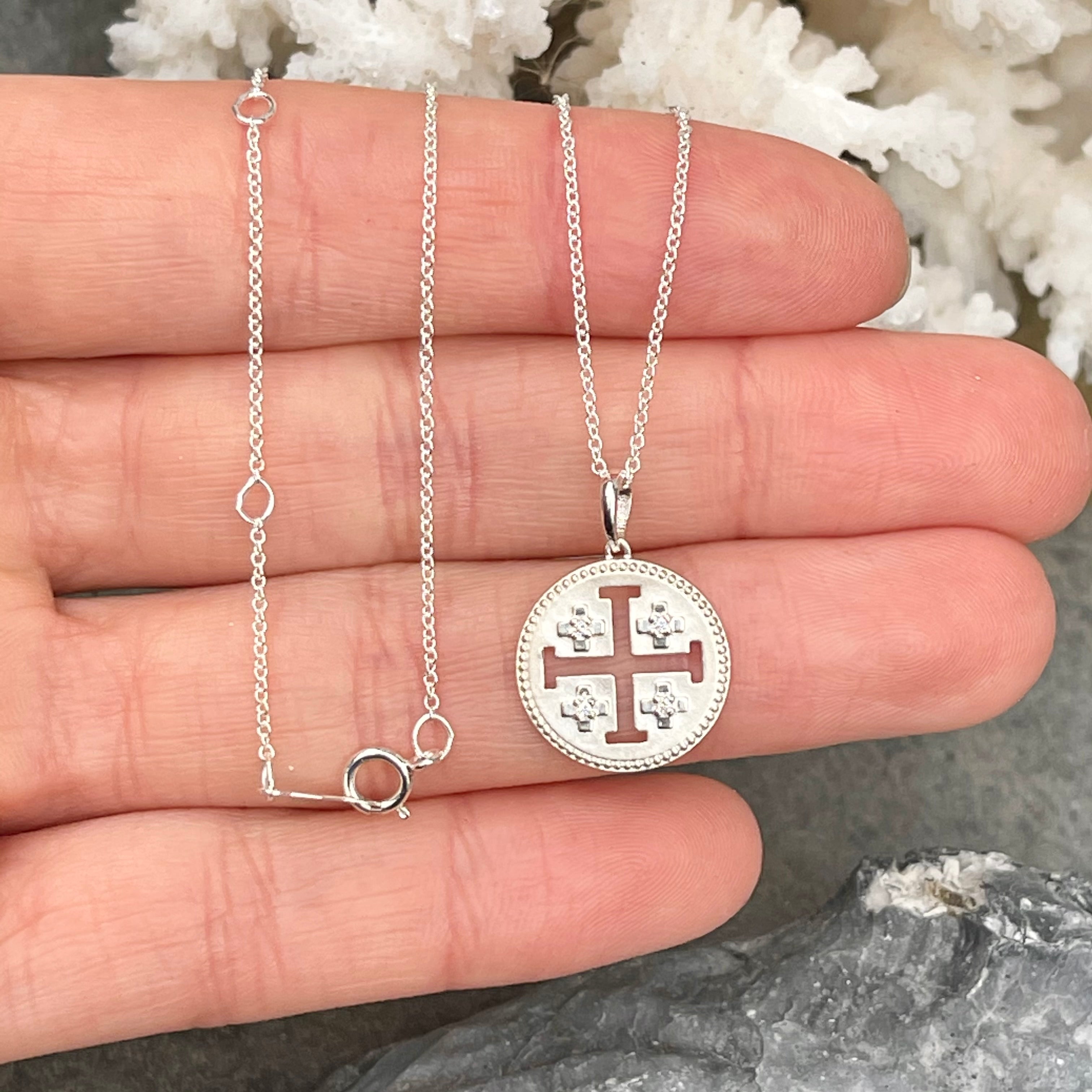 Newest Sterling silver and pearl Jerusalem Cross Necklace