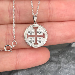 Sterling Silver Jerusalem Cross Diamond Medal Pendant Necklace