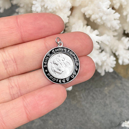 Sterling Silver + Black Enamel Saint Christopher Round Medal Pendant 20mm