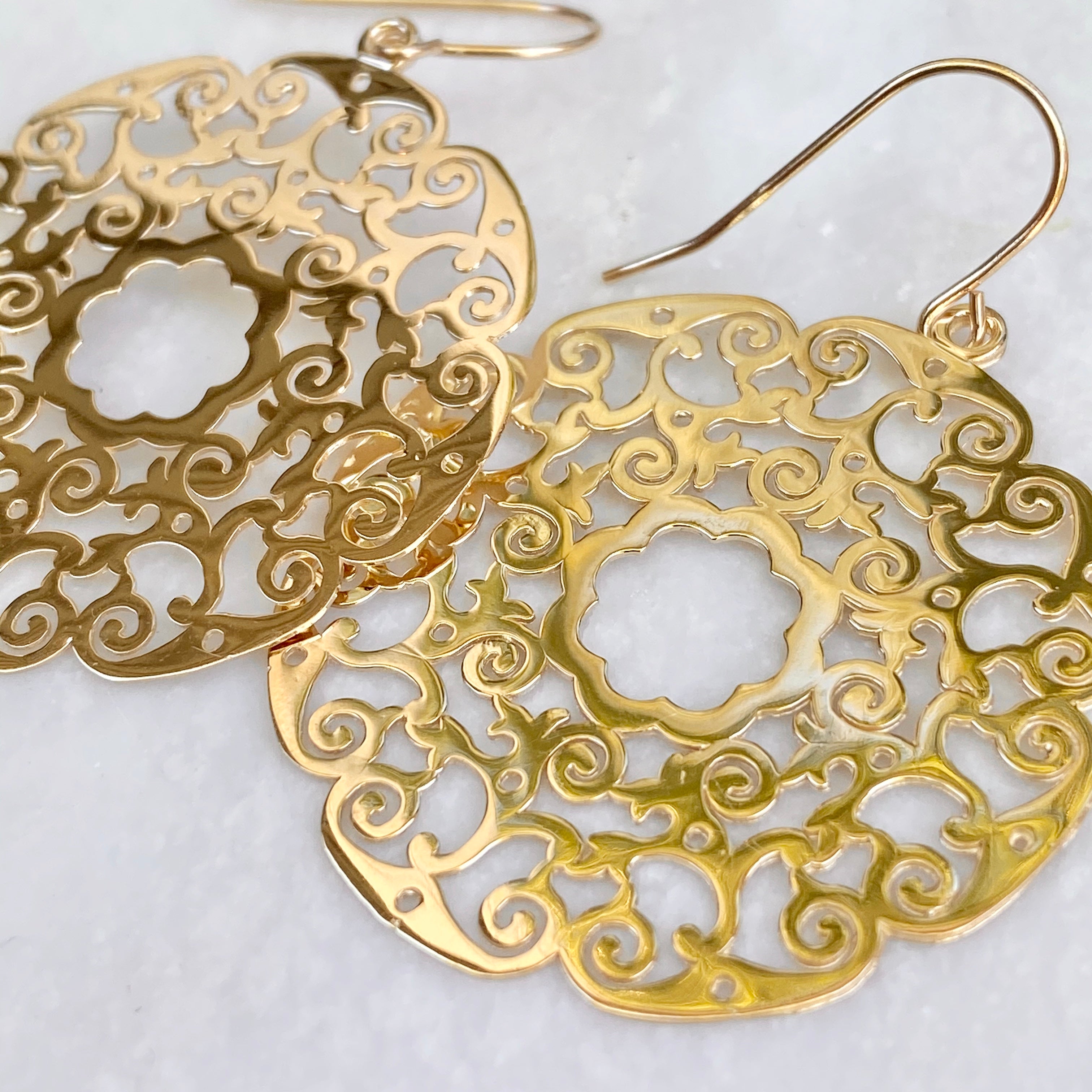 Amazon.com: 14K Solid Yellow Gold Hoop Earrings Dainty Hollow Carved Flower  Vine Vintage Filigree Texture Moon Hoop Earrings: Clothing, Shoes & Jewelry