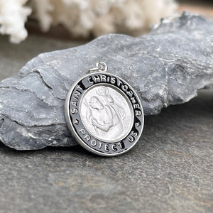 Sterling Silver + Black Enamel Saint Christopher Round Medal Pendant 20mm