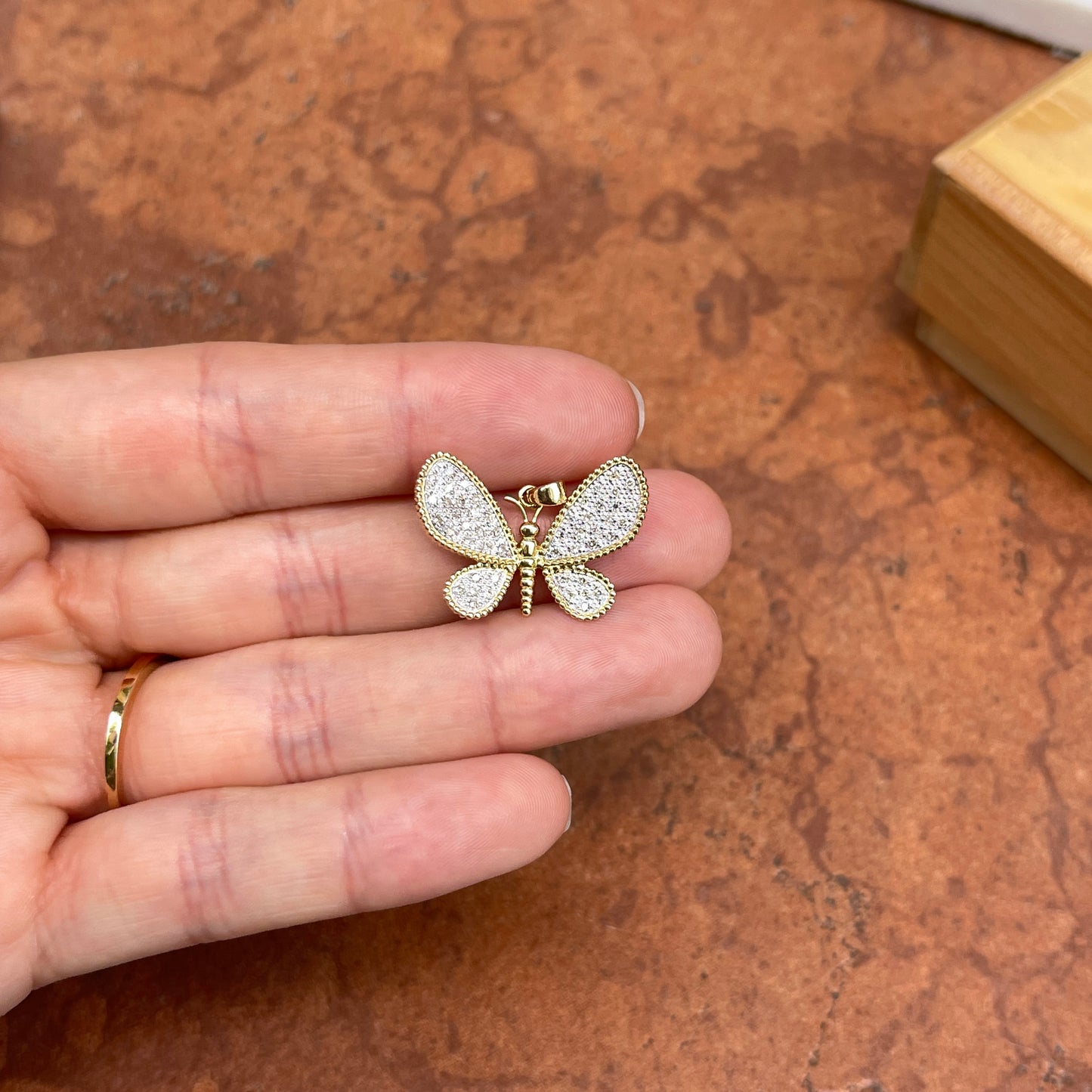 14KT Yellow Gold + White Gold Pave Diamond Butterfly Estate Pendant Charm - LSJ