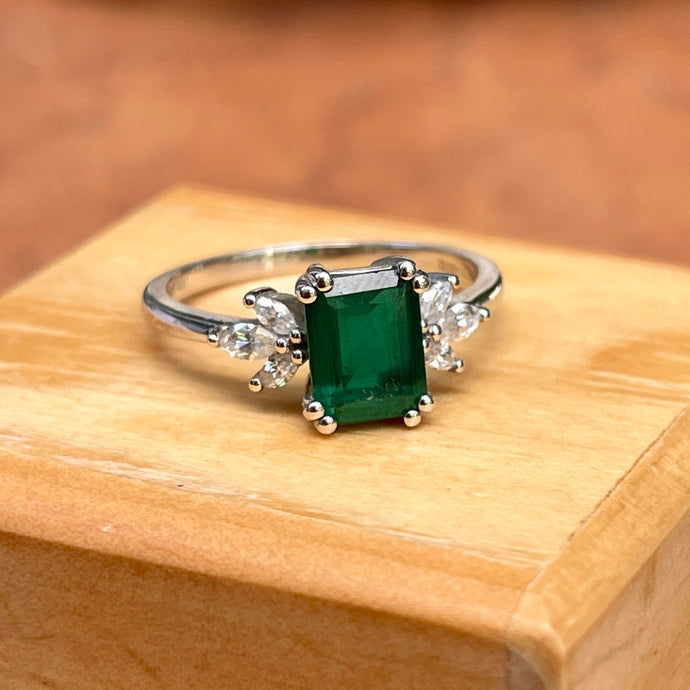 Estate 14KT White Gold Emerald-Cut 2.00 CT Emerald + Marquise Diamond Ring