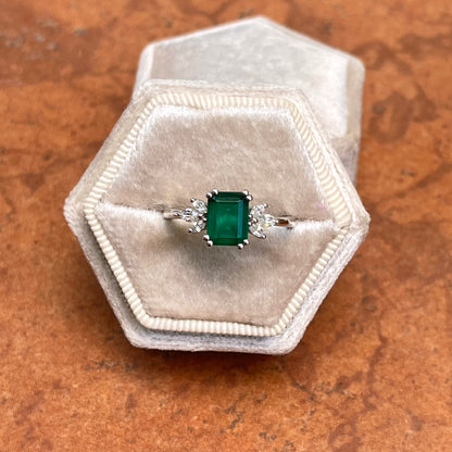 Estate 14KT White Gold Emerald-Cut 2.00 CT Emerald + Marquise Diamond Ring